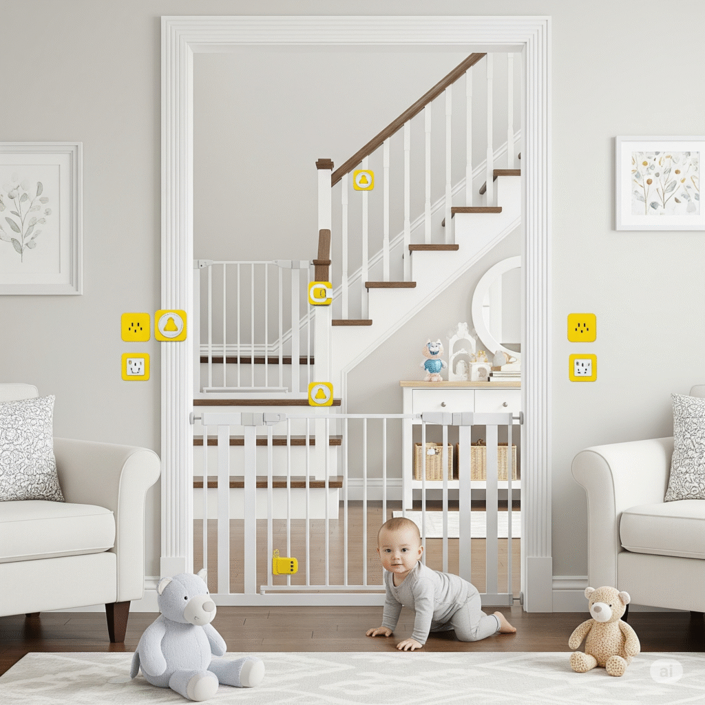 ambiente doméstico com itens de segurança para bebês, como protetores de tomada e portões de segurança