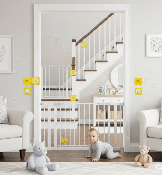 ambiente doméstico com itens de segurança para bebês, como protetores de tomada e portões de segurança