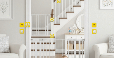 ambiente doméstico com itens de segurança para bebês, como protetores de tomada e portões de segurança