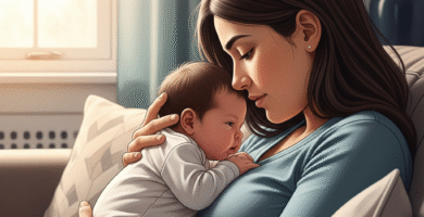 retrata a dualidade da maternidade, mostrando um momento terno entre mãe e bebê com um toque sutil de cansaço