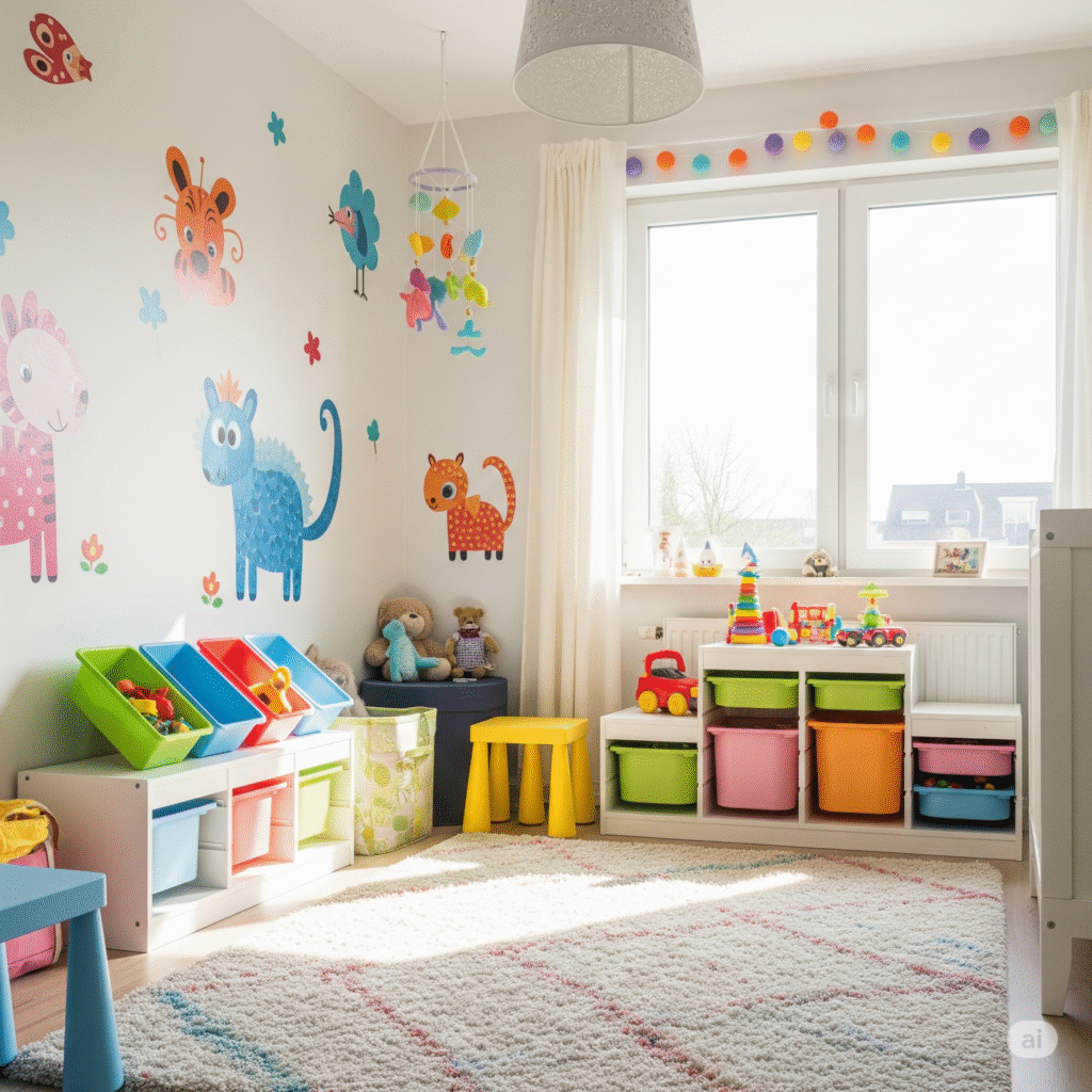 quarto infantil bem decorado, com elementos criativos e acessíveis, como adesivos de parede e cestos organizadores