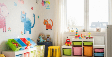 quarto infantil bem decorado, com elementos criativos e acessíveis, como adesivos de parede e cestos organizadores